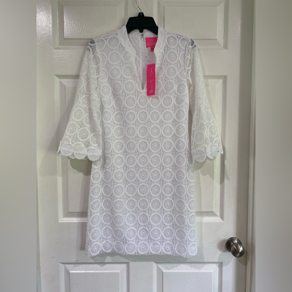 Lilly Pulitzer White Stretch Lace V-neck 3/4 Sleeve Shift Dress Size 4 Bridal - Picture 2 of 14